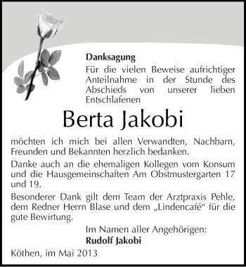 Traueranzeige von Berta Jakobi von Mitteldeutsche Zeitung Köthen