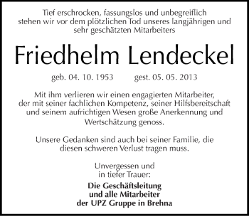 Traueranzeige von Friedhelm Lendeckel von Mitteldeutsche Zeitung Halle/Saalkreis