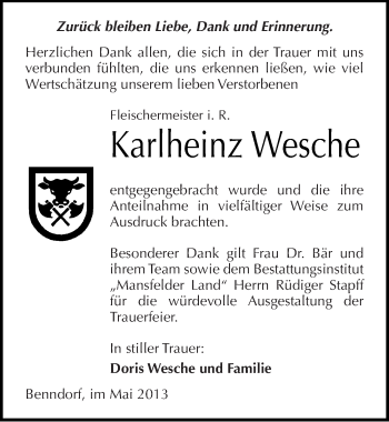 Traueranzeige von Karlheinz Wesche von Mitteldeutsche Zeitung Aschersleben