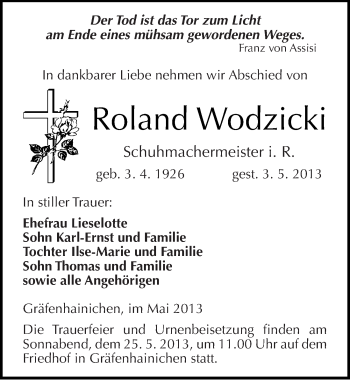 Traueranzeige von Roland Wodzicki von Mitteldeutsche Zeitung Wittenberg