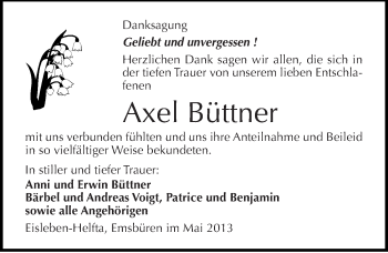 Traueranzeige von Axel Büttner von Mitteldeutsche Zeitung Aschersleben