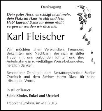 Traueranzeige von Karl Fleischer von Mitteldeutsche Zeitung Köthen