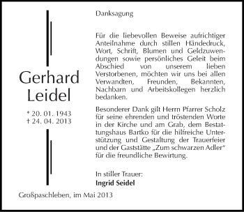 Traueranzeige von Gerhard Leidel von Mitteldeutsche Zeitung Köthen