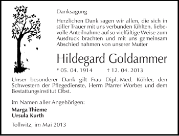 Traueranzeige von Hildegard Goldammer von Mitteldeutsche Zeitung Merseburg/Querfurt