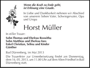 Traueranzeige von Horst Müller von Mitteldeutsche Zeitung Merseburg/Querfurt