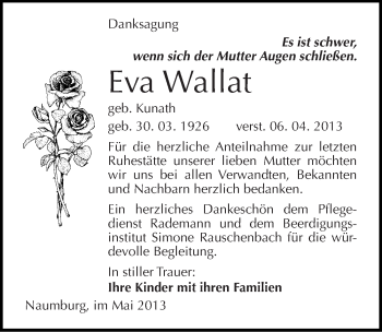 Traueranzeige von Eva Wallat von Mitteldeutsche Zeitung Naumburg/Nebra
