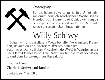 Traueranzeige von Willy Schiwy von Mitteldeutsche Zeitung Aschersleben
