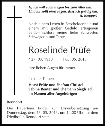 Traueranzeige von Roselinde Prüfe von Mitteldeutsche Zeitung Naumburg/Nebra