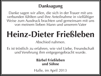 Traueranzeige von Heinz-Dieter Frießleben von Mitteldeutsche Zeitung Halle/Saalkreis