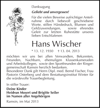 Traueranzeige von Hans Wischer von Mitteldeutsche Zeitung Bitterfeld