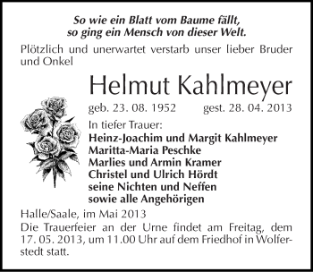 Traueranzeige von Helmut Kahlmeyer von Mitteldeutsche Zeitung Sangerhausen