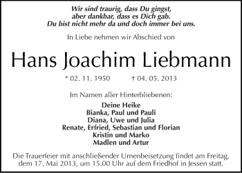 Traueranzeige von Hans Joachim Liebmann von Mitteldeutsche Zeitung Wittenberg