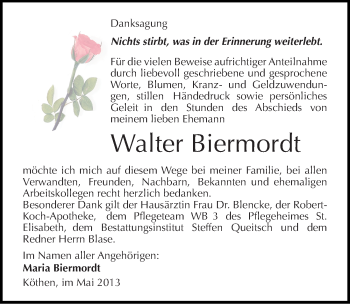 Traueranzeige von Walter Biermordt von Mitteldeutsche Zeitung Köthen