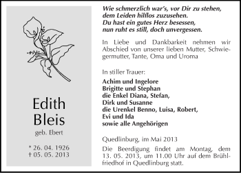 Traueranzeige von Edith Bleis von Mitteldeutsche Zeitung Quedlinburg