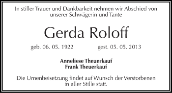 Traueranzeige von Gerda Roloff von Mitteldeutsche Zeitung Quedlinburg
