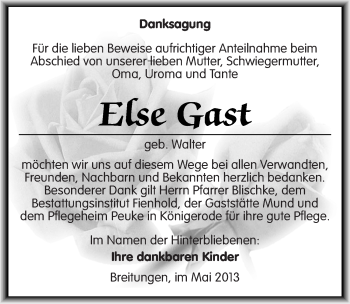 Traueranzeige von Else Gast  von Mitteldeutsche Zeitung Sangerhausen
