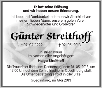 Traueranzeige von Günter Streithoff von Mitteldeutsche Zeitung Quedlinburg