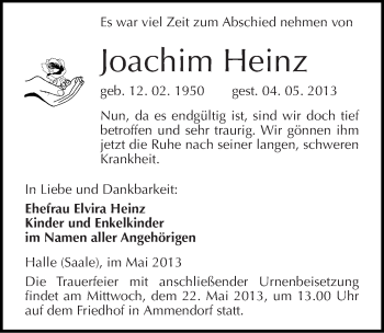 Traueranzeige von Joachim Heinz von Mitteldeutsche Zeitung Halle/Saalkreis