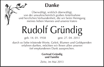 Traueranzeige von Rudolf Gründig von Mitteldeutsche Zeitung Zeitz