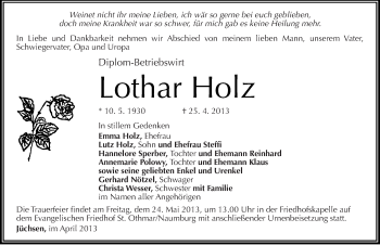 Traueranzeige von Lothar Holz von Mitteldeutsche Zeitung Zeitz