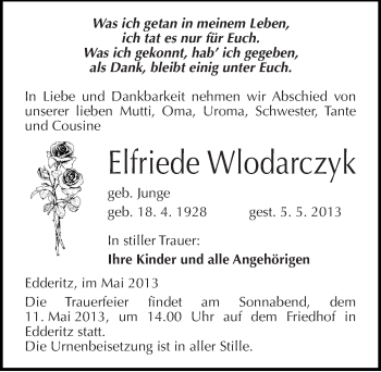 Traueranzeige von Elfriede Wlodarczyk von Mitteldeutsche Zeitung Köthen