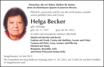 Traueranzeige von Helga Becker von Mitteldeutsche Zeitung Sangerhausen