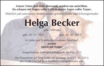 Traueranzeige von Helga Becker von Mitteldeutsche Zeitung Sangerhausen