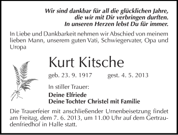 Traueranzeige von Kurt Kitsche von Mitteldeutsche Zeitung Halle/Saalkreis
