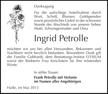 Traueranzeige von Ingrid Petrolle von Mitteldeutsche Zeitung Halle/Saalkreis