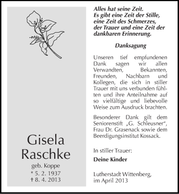 Traueranzeige von Gisela Raschke von Mitteldeutsche Zeitung Wittenberg