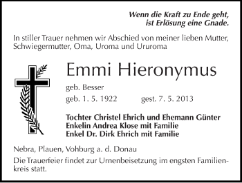 Traueranzeige von Emmi Hieronymus von Mitteldeutsche Zeitung Naumburg/Nebra