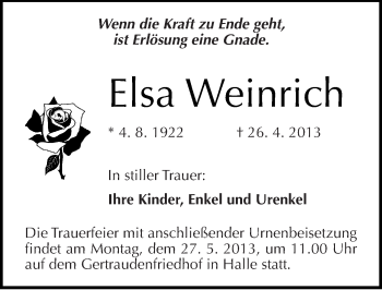 Traueranzeige von Elsa Weinrich von Mitteldeutsche Zeitung Halle/Saalkreis
