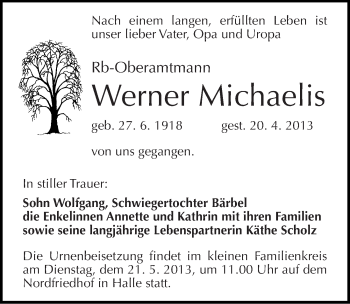 Traueranzeige von Werner Michaelis von Mitteldeutsche Zeitung Halle/Saalkreis
