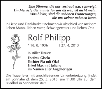 Traueranzeige von Rolf Philipp von Mitteldeutsche Zeitung Halle/Saalkreis