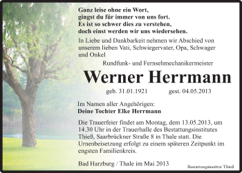 Traueranzeige von Werner Herrmann von Mitteldeutsche Zeitung Quedlinburg