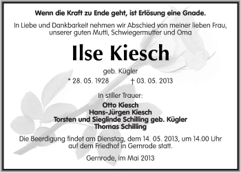 Traueranzeige von Ilse Kiesch von Mitteldeutsche Zeitung Quedlinburg