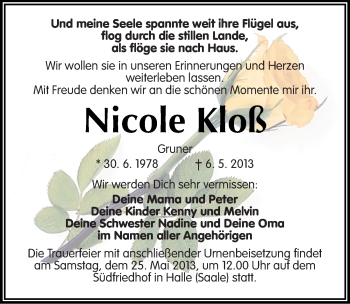 Traueranzeige von Nicole Kloß von Mitteldeutsche Zeitung Halle/Saalkreis