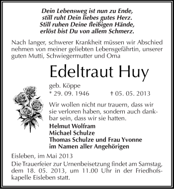 Traueranzeige von Edeltraut Huy von Mitteldeutsche Zeitung Aschersleben
