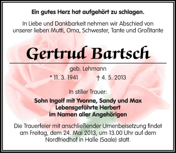 Traueranzeige von Gertrud Bartsch von Mitteldeutsche Zeitung Halle/Saalkreis