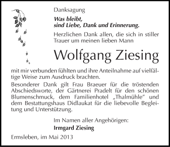 Traueranzeige von Wolfgang Ziesing von Mitteldeutsche Zeitung Quedlinburg