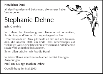 Traueranzeige von Stephanie Dehne von Mitteldeutsche Zeitung Quedlinburg