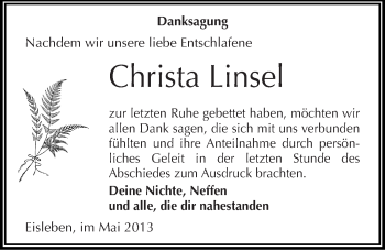 Traueranzeige von Christa Linsel von Mitteldeutsche Zeitung Aschersleben