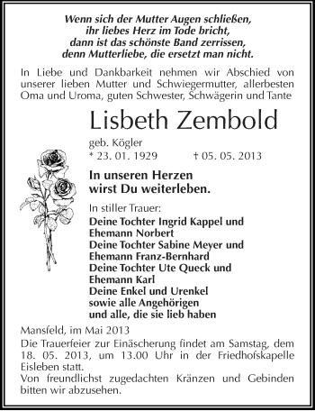 Traueranzeige von Lisbeth Zembold von Mitteldeutsche Zeitung Aschersleben