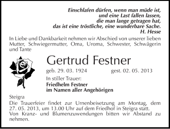 Traueranzeige von Gertrud Festner von Mitteldeutsche Zeitung Merseburg/Querfurt