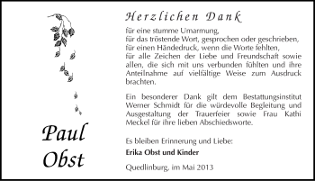 Traueranzeige von Paul Obst von Mitteldeutsche Zeitung Quedlinburg