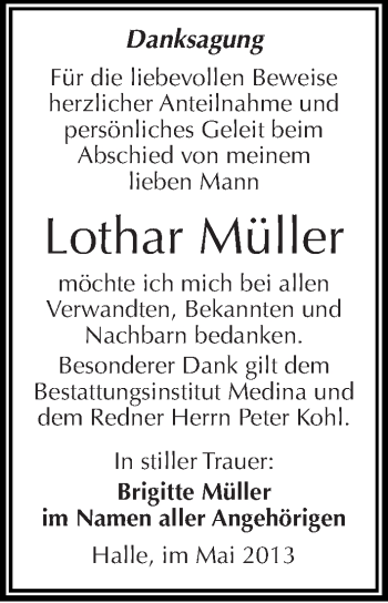 Traueranzeige von Lothar Müller von Mitteldeutsche Zeitung Halle/Saalkreis