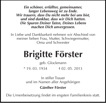 Traueranzeige von Brigitte Förster von Mitteldeutsche Zeitung