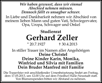 Traueranzeige von Gerhard Zeller von Mitteldeutsche Zeitung Halle/Saalkreis