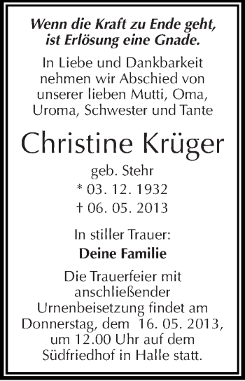 Traueranzeige von Christine Krüger von Mitteldeutsche Zeitung Halle/Saalkreis