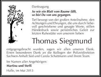 Traueranzeige von Thomas Siegmund von Mitteldeutsche Zeitung Halle/Saalkreis